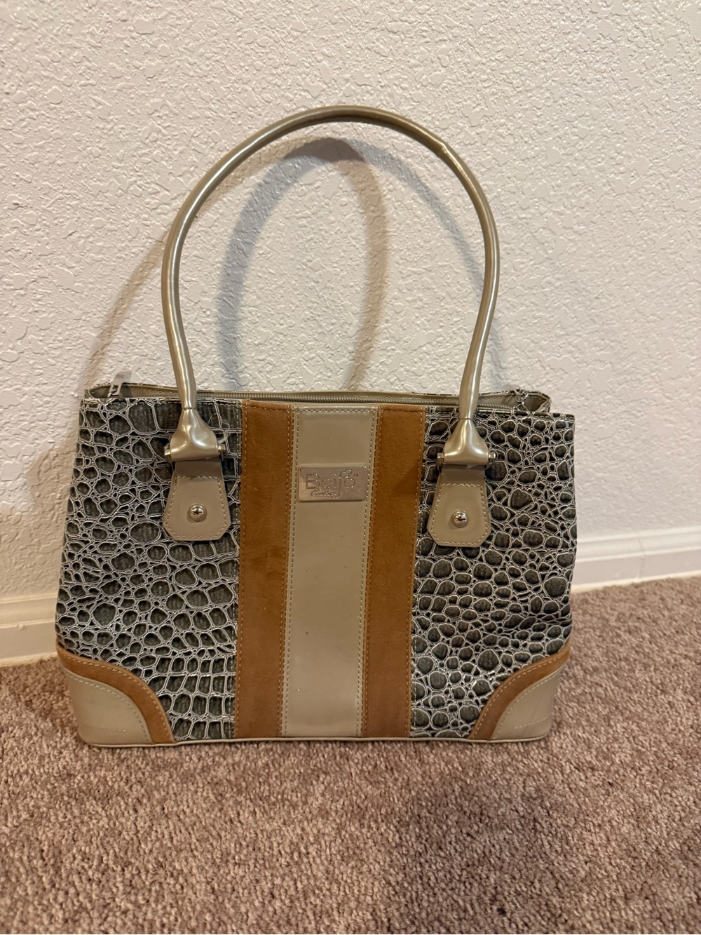 Beijo Green Croc-Print Satchel with Tan Suede and Cream Trim